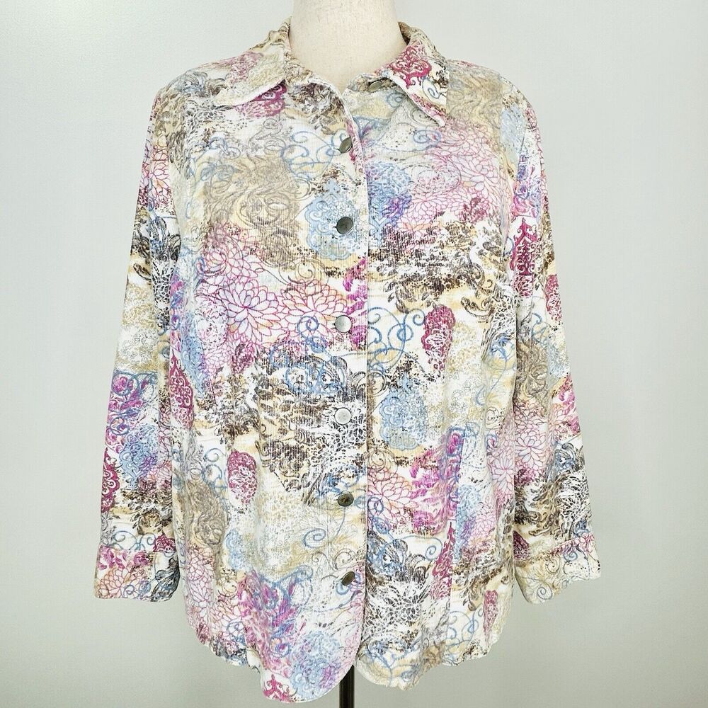 CJ Banks Jacket Women 1X Cream Tan Pink Blue Corduroy Floral Boho Shacket Casual
